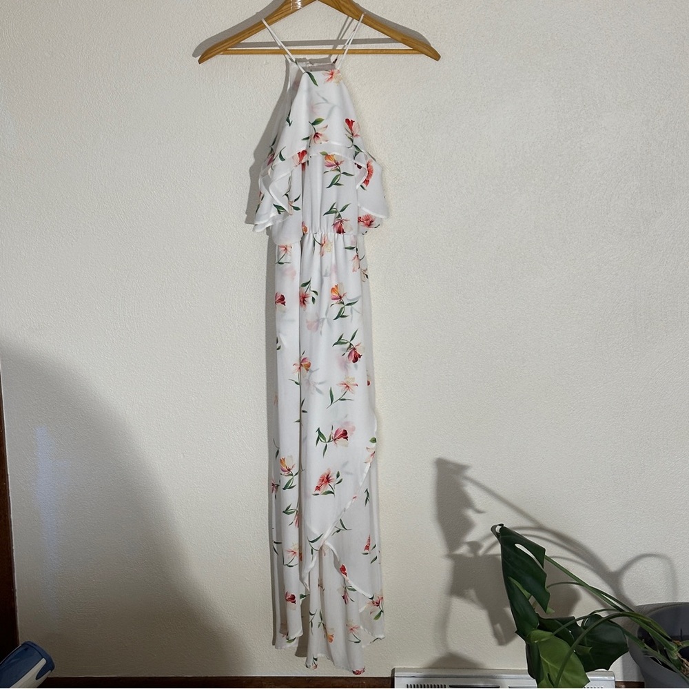 Lush White Dress with Pink and Green Floral Detail